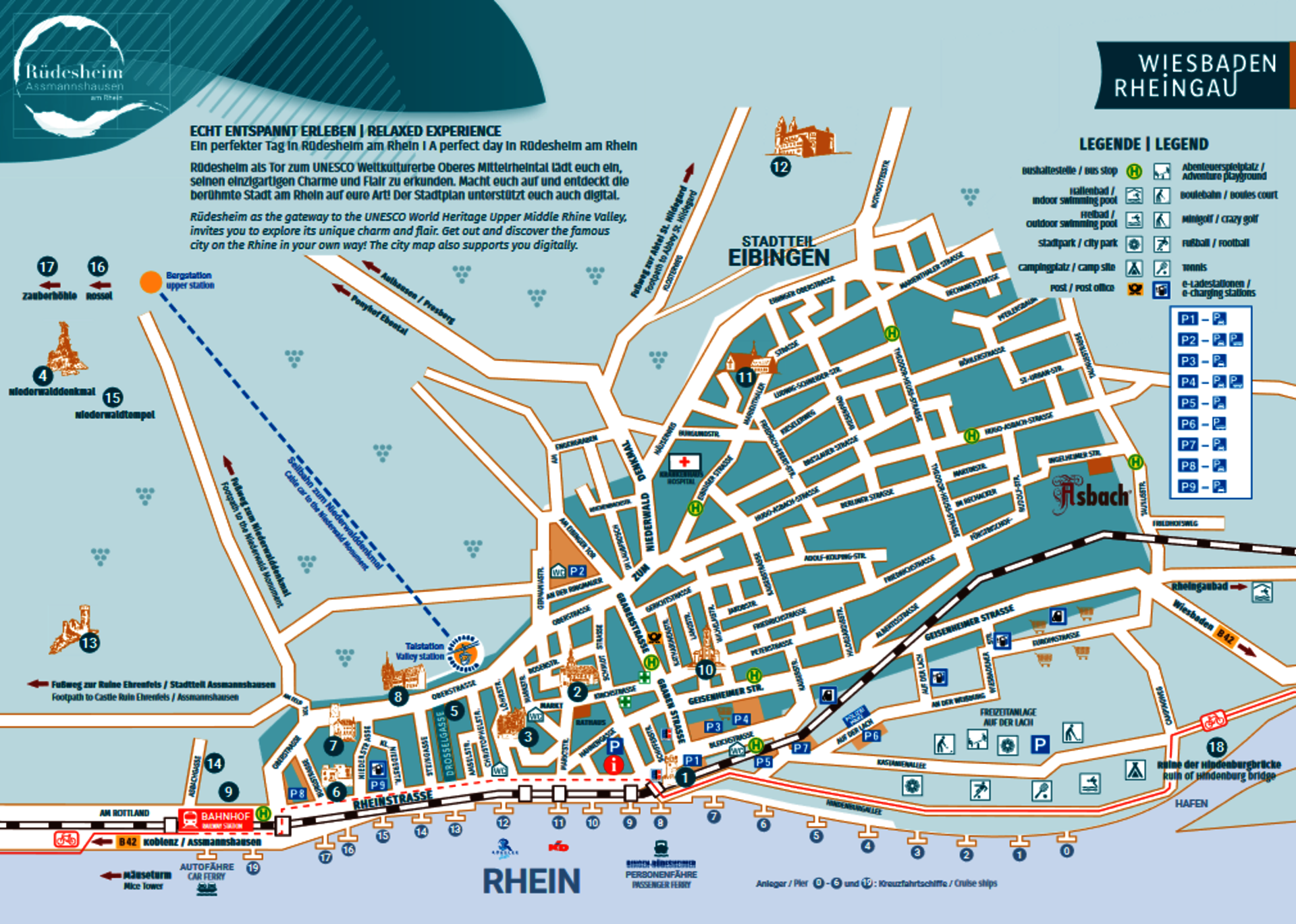 Stadtplan von Rüdesheim mit allen wichtigen Sehenswürdikeiten