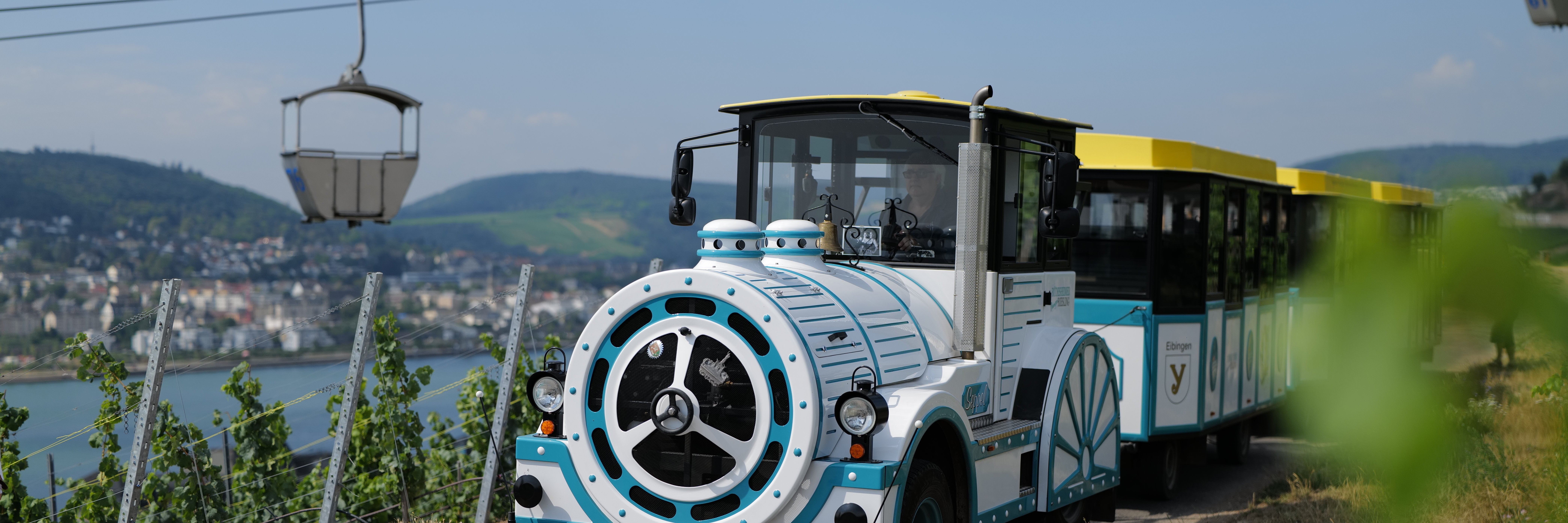 Winzerexpress Rüdesheim Der blau-weiße Zug namens Winzerexpress fährt unterhalb der Seilbahn durch die Weinberge.