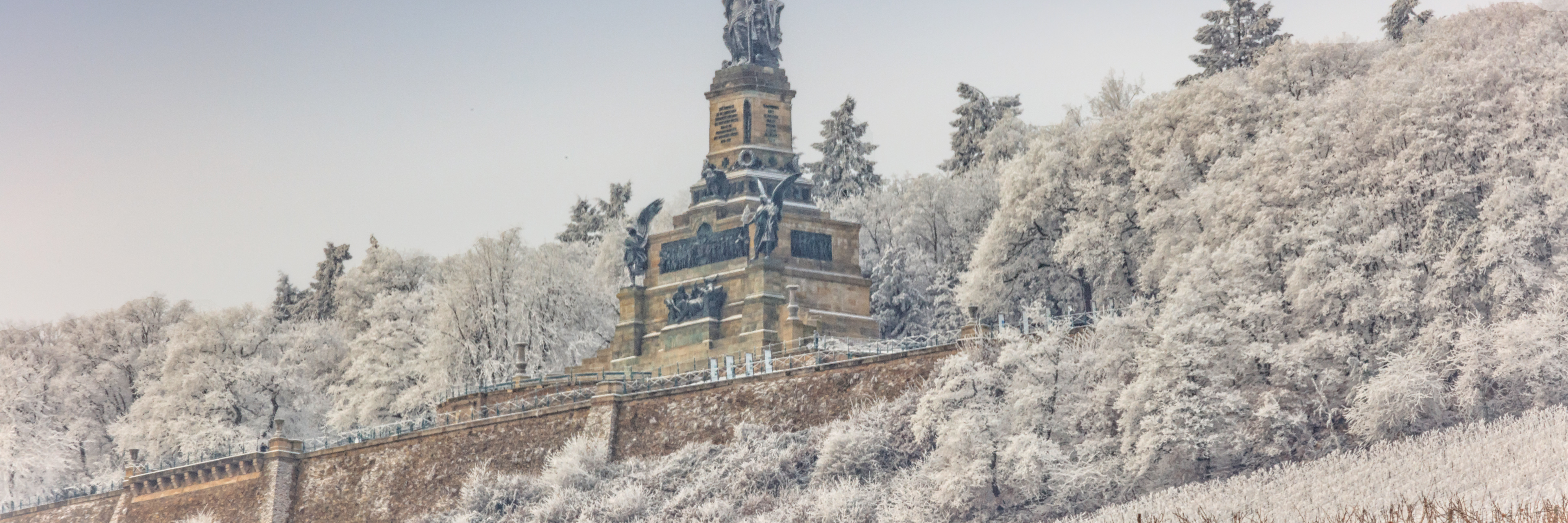 Niederwalddenkmal im Winter Das Niederwalddenkmal ist umrandet von mit Frost bedeckten Bäumen