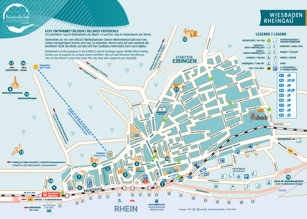 Stadtplan von Rüdesheim mit allen wichtigen Sehenswürdikeiten